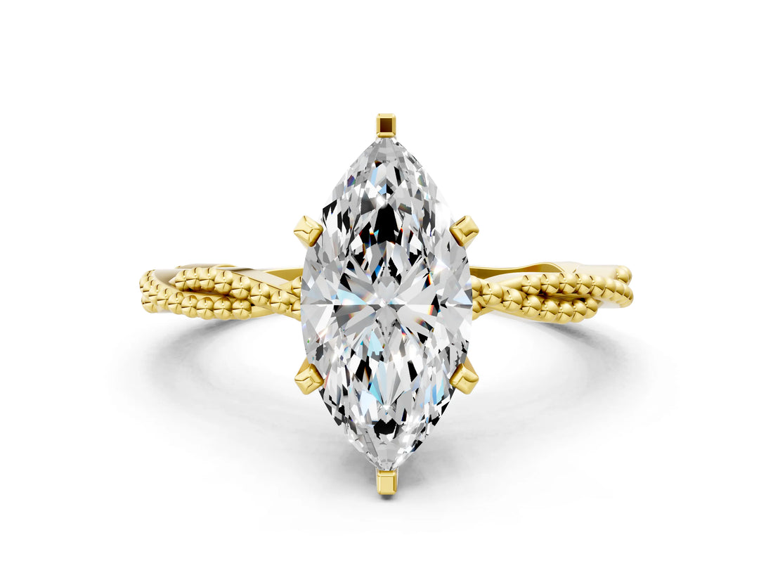 Yellow gold Marquise Solitaire Twisted Band with Bead Prong Setting_325