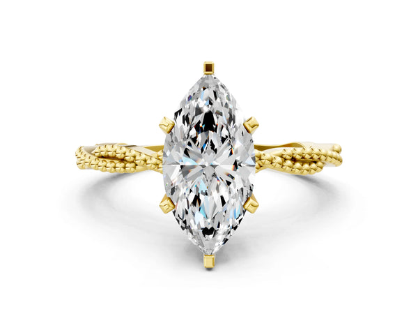 Yellow Gold Marquise Solitaire Engagement Ring Setting with Beaded Twist Band and Basket Head