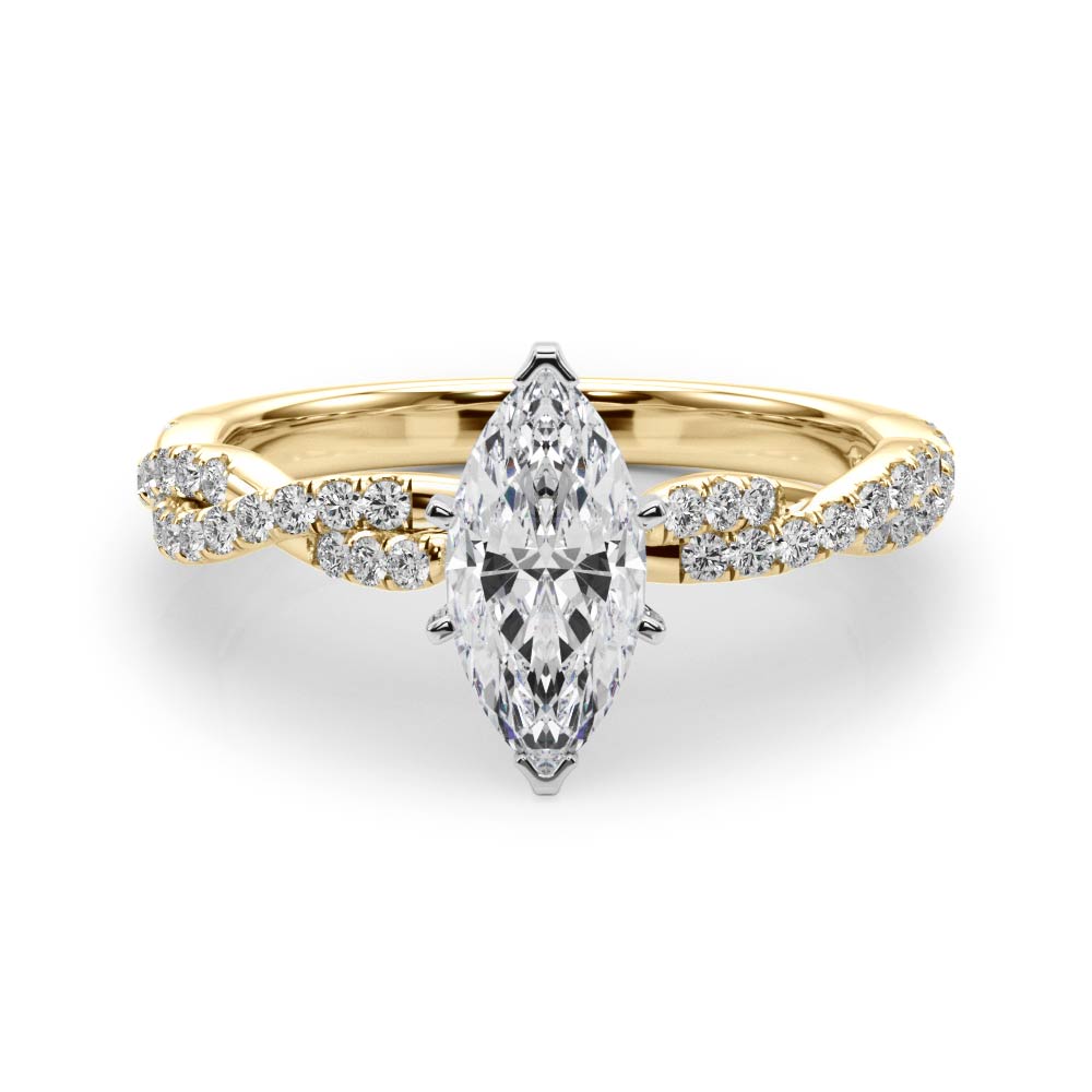 Yellow gold Marquise Solitaire Twisted Pave Band with Four-Prong Setting 1