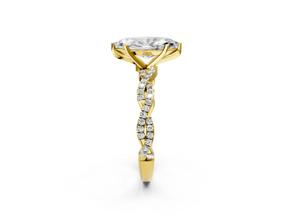 Yellow gold Marquise Solitaire Twisted Pave Band with Four-Prong Setting