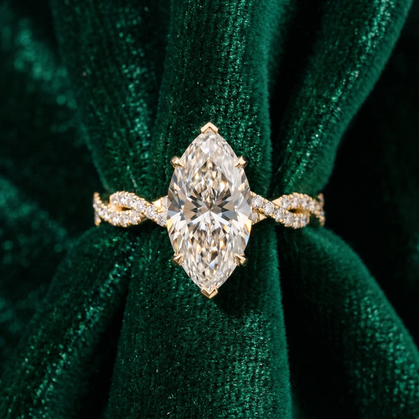 Yellow gold Marquise Solitaire Twisted Pave Band with Four-Prong Setting