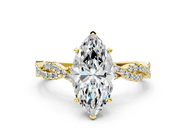 Yellow gold Marquise Solitaire Twisted Pave Band with Four-Prong Setting