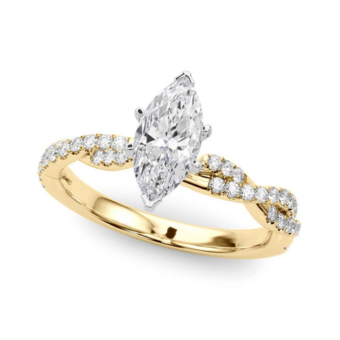 Yellow gold Marquise Solitaire Twisted Pave Band with Four-Prong Setting
