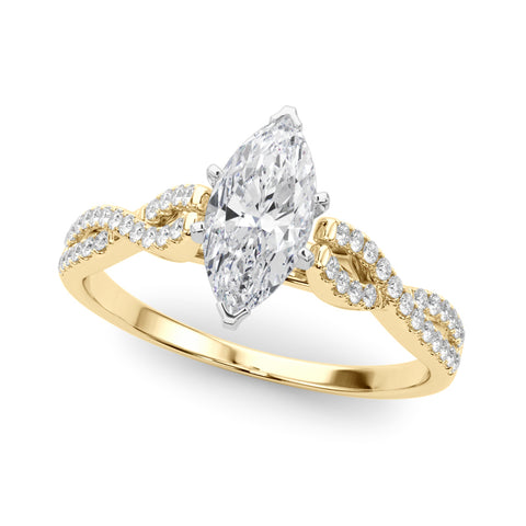 Yellow gold Marquise Solitaire Twisted Pave Diamond Engagement Ring with Four-Prong Setting