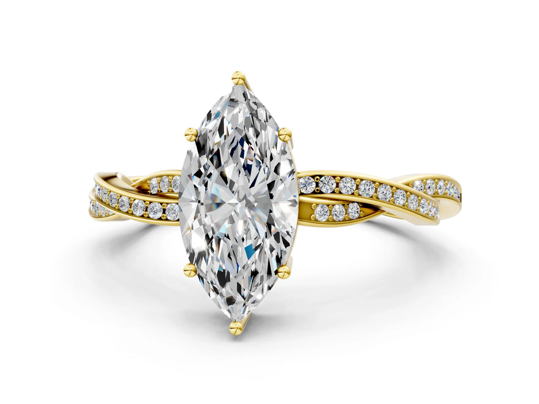Yellow gold Marquise Solitaire Twisted Pave Diamond Ring with Four-Prong Setting_12