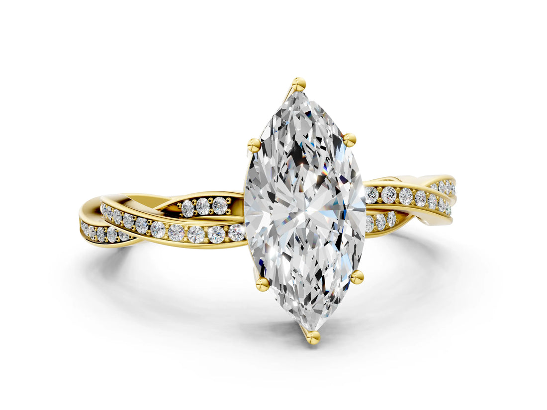 Yellow gold Marquise Solitaire Twisted Pave Diamond Ring with Four-Prong Setting_13