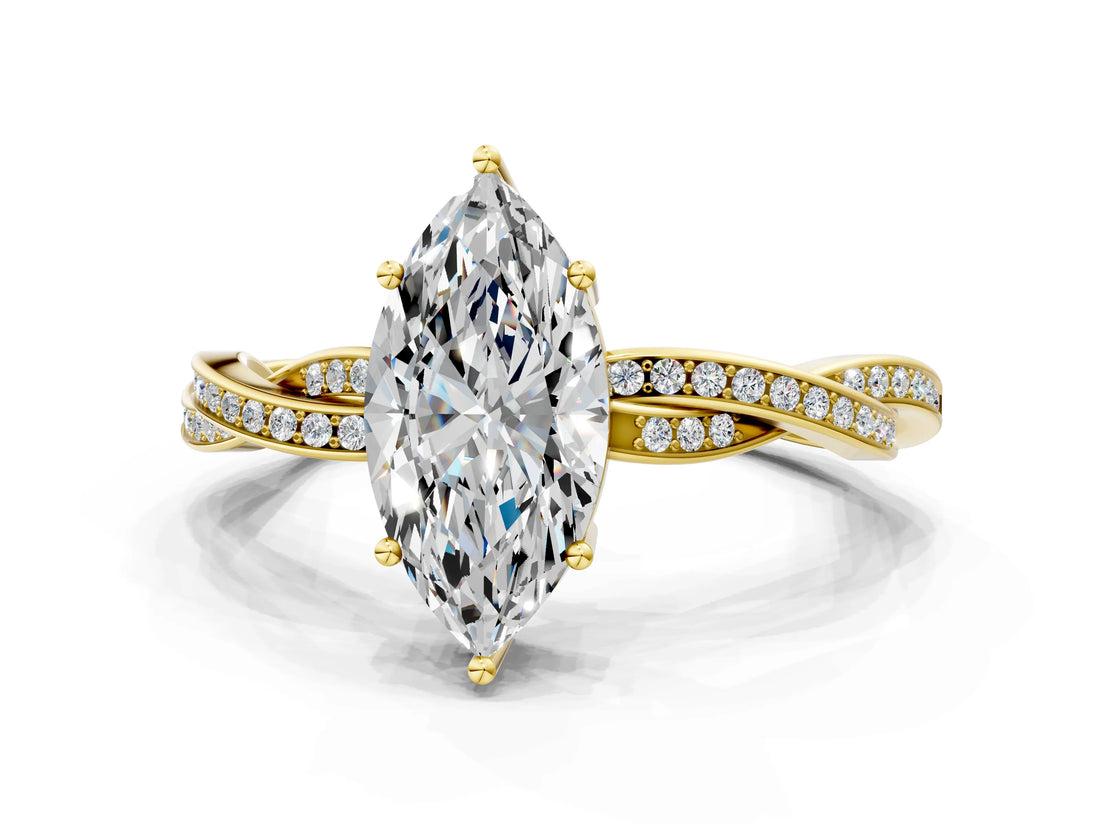 Yellow gold Marquise Solitaire Twisted Pave Diamond Ring with Four-Prong Setting_156