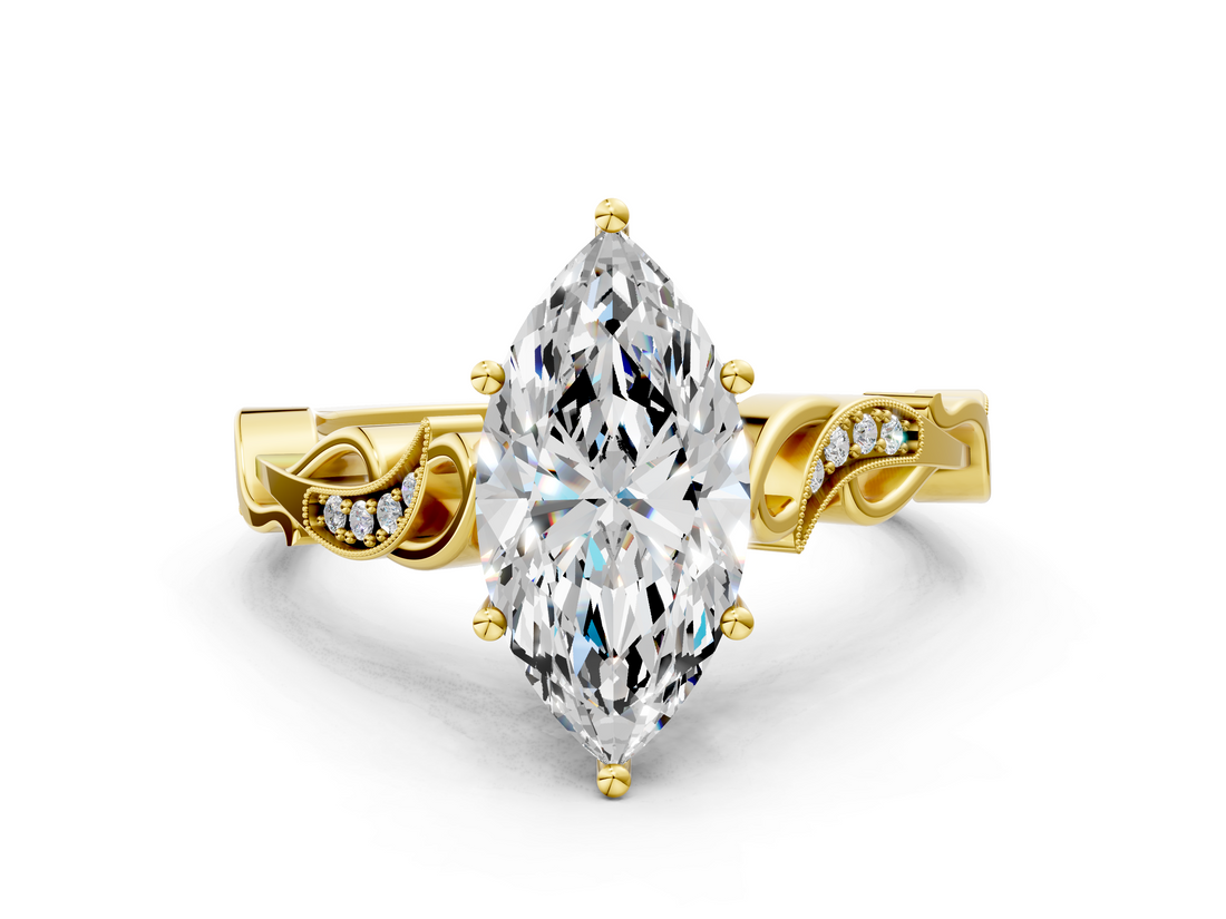 Yellow gold Marquise Solitaire Vine Band with Milgrain Prong Setting_9
