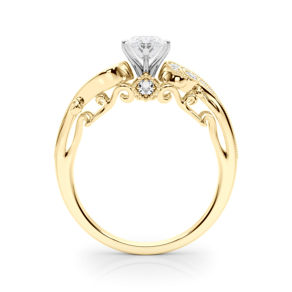 Yellow gold Marquise Solitaire with Milgrain Pave Band and Four-Prong Setting 2