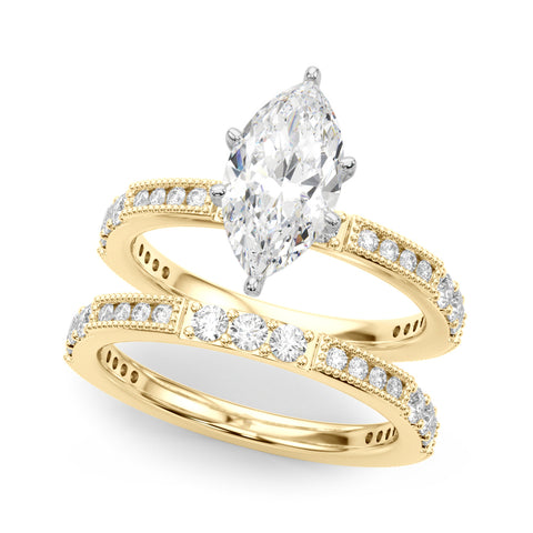 Yellow gold Marquise Solitaire with Pavé Band and Four-Prong Setting 1