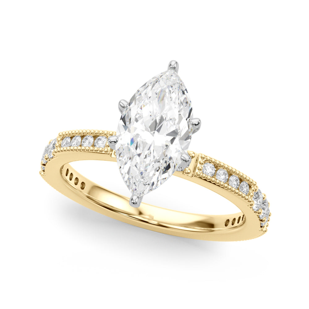 Yellow gold Marquise Solitaire with Pavé Band and Four-Prong Setting