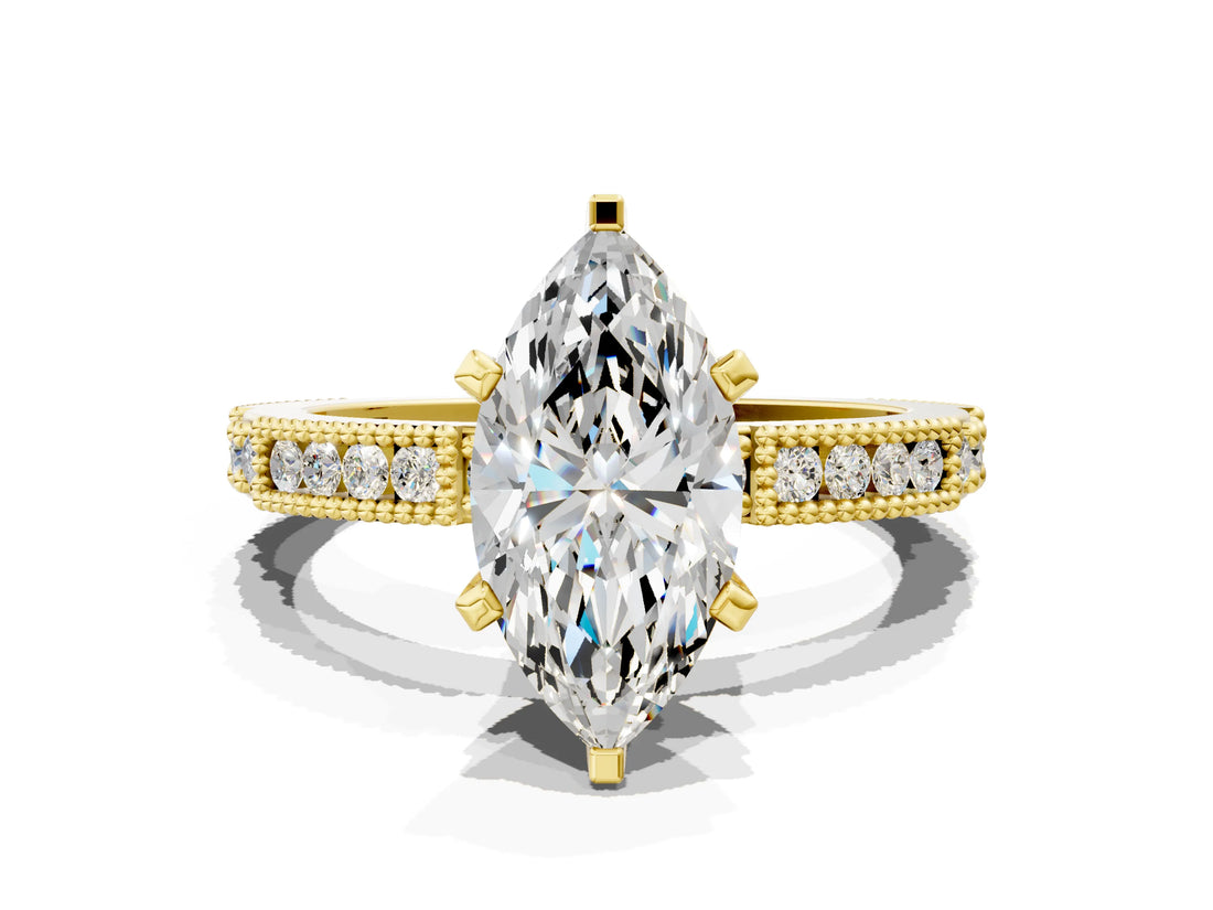 Yellow gold Marquise Solitaire with Pavé Band and Four-Prong Setting_327