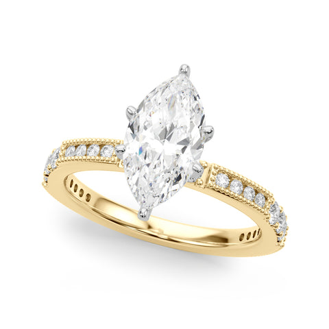 Yellow gold Marquise Solitaire with Pavé Band and Four-Prong Setting