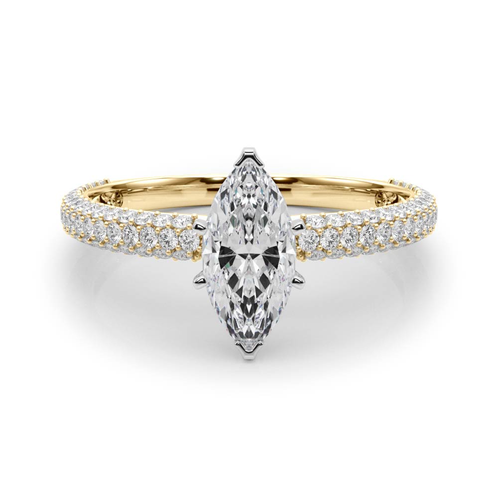 Yellow gold Marquise Solitaire with Pave Band and Four-Prong Setting 1