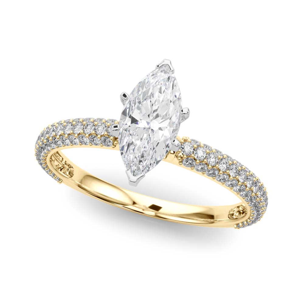 Yellow gold Marquise Solitaire with Pave Band and Four-Prong Setting