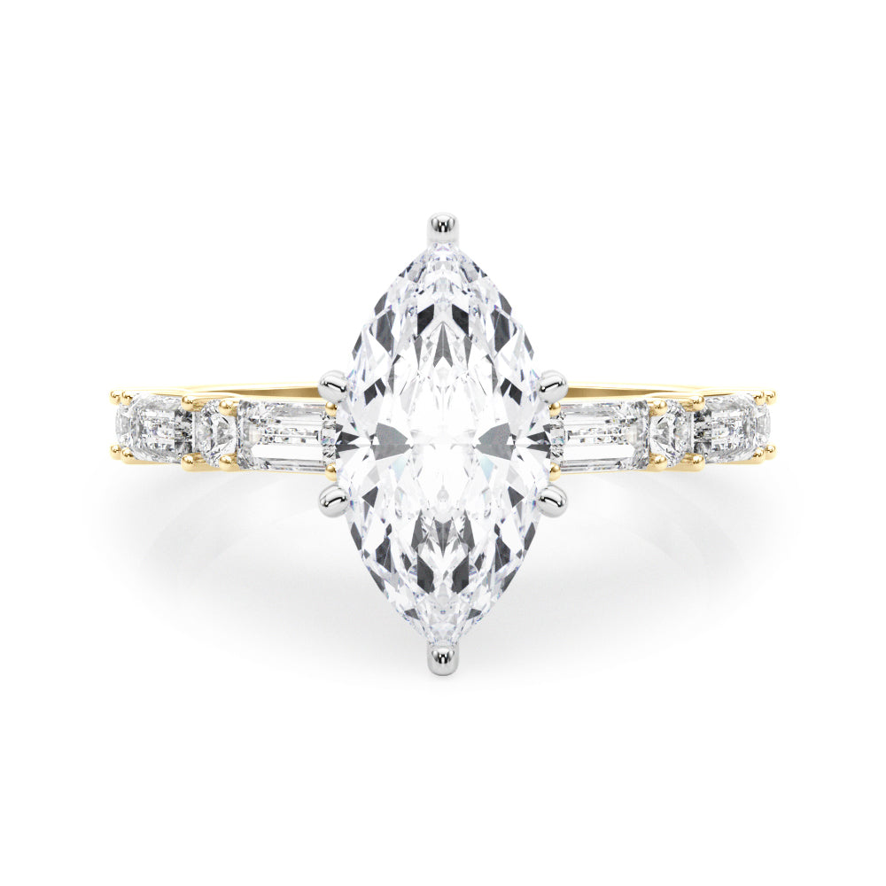 Yellow gold Marquise Solitaire with Side Baguettes and Channel Set Band 1