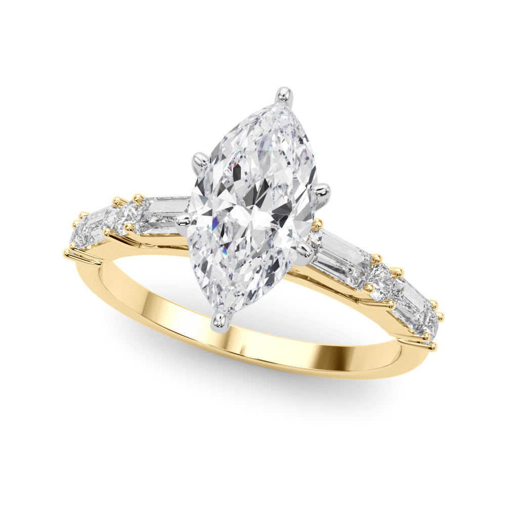 Yellow gold Marquise Solitaire with Side Baguettes and Channel Set Band