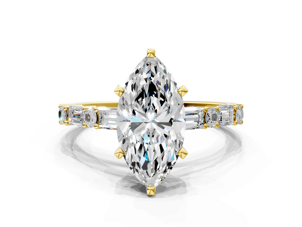 Yellow gold Marquise Cut Diamond Solitaire with Side Baguettes and Channel Set Band
