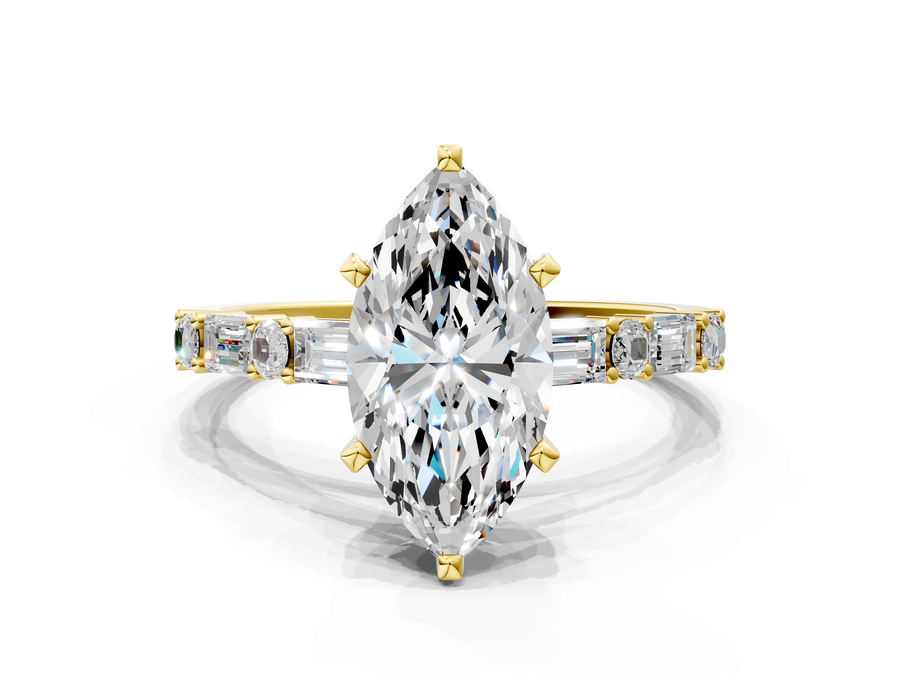Yellow gold Marquise Solitaire with Side Baguettes and Channel Set Band