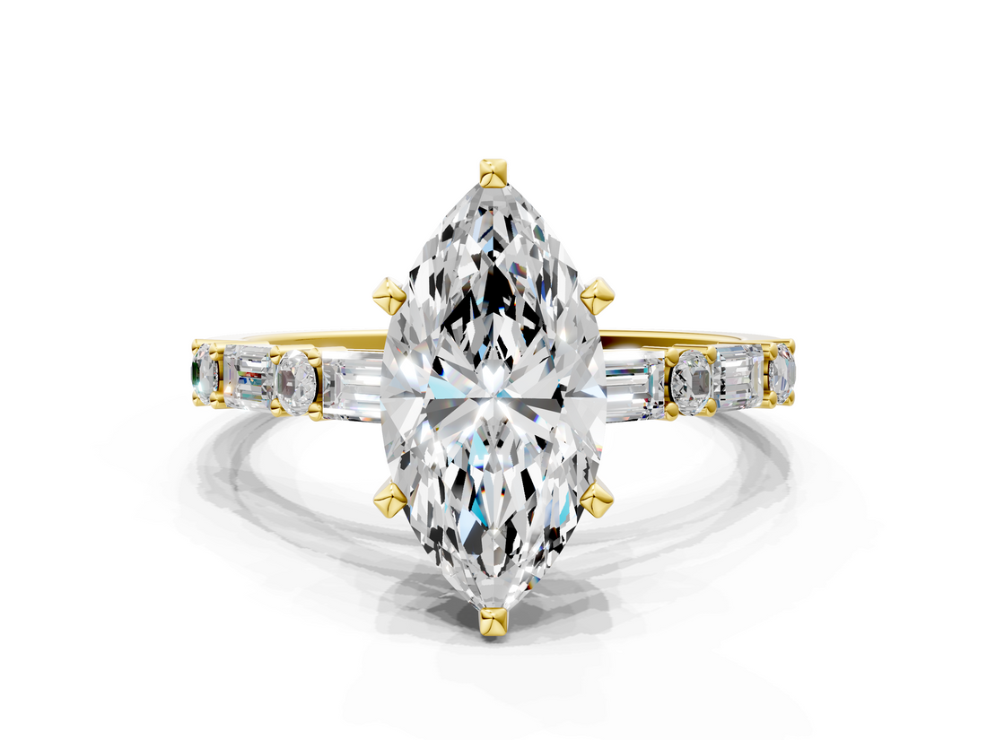 14K Yellow Gold 4.04 Carat F VS1 Marquise Diamond Solitaire with Side Baguettes and Channel Set Band