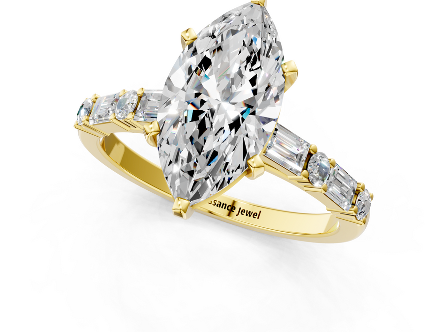 Yellow gold Marquise Solitaire with Side Baguettes and Channel Set Band