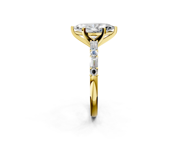 Yellow gold Marquise Cut Diamond Solitaire with Side Baguettes and Channel Set Band