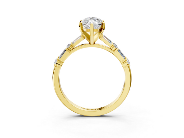 Yellow gold Marquise Cut Diamond Solitaire with Side Baguettes and Channel Set Band