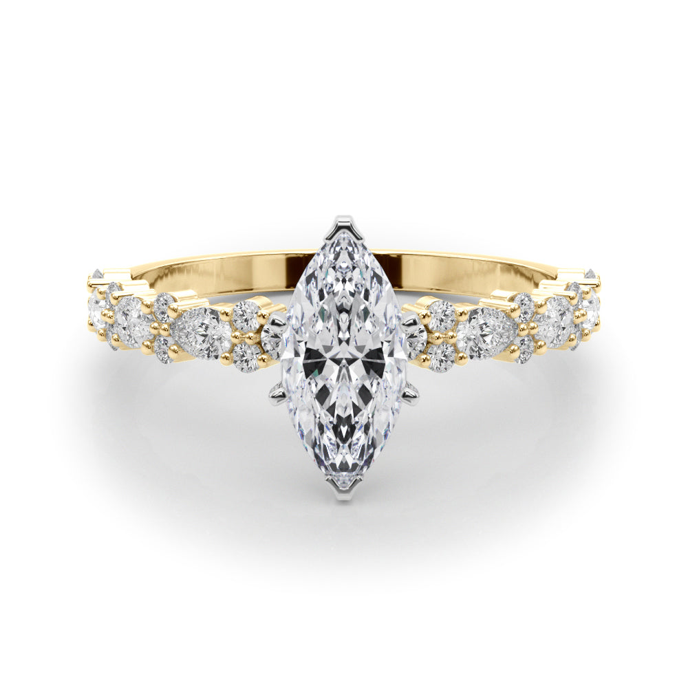 Yellow gold Marquise Solitaire with Side Stones, Pave Band, Four-Prong Setting 1