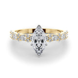 14K Yellow Gold 2.01 Carat F VVS2 Marquise Solitaire with Side Stones, Pave Band, Four-Prong Setting