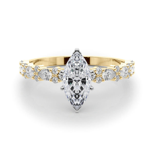 14K Yellow Gold 2.01 Carat F VVS2 Marquise Solitaire with Side Stones, Pave Band, Four-Prong Setting