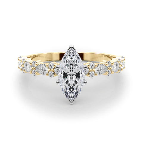 Yellow gold Marquise Solitaire with Side Stones, Pave Band, Four-Prong Setting 1