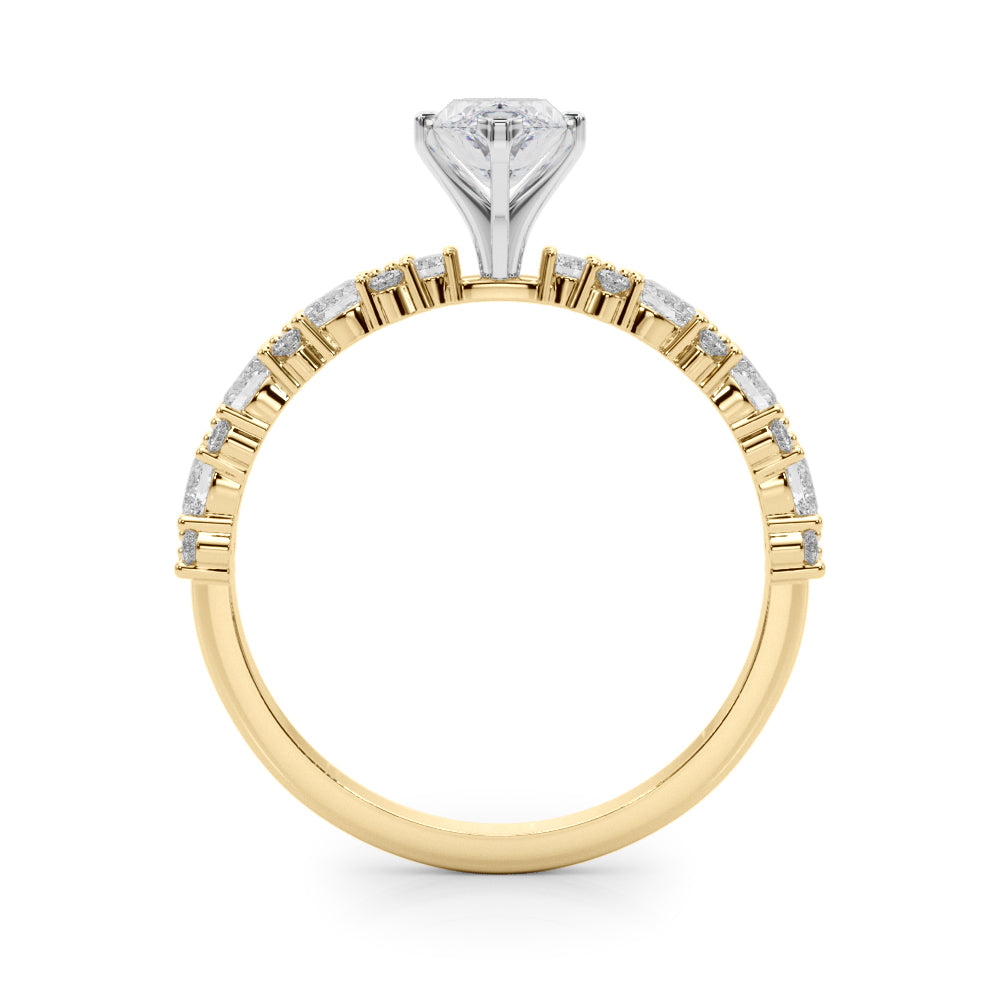 Yellow gold Marquise Solitaire with Side Stones, Pave Band, Four-Prong Setting 2