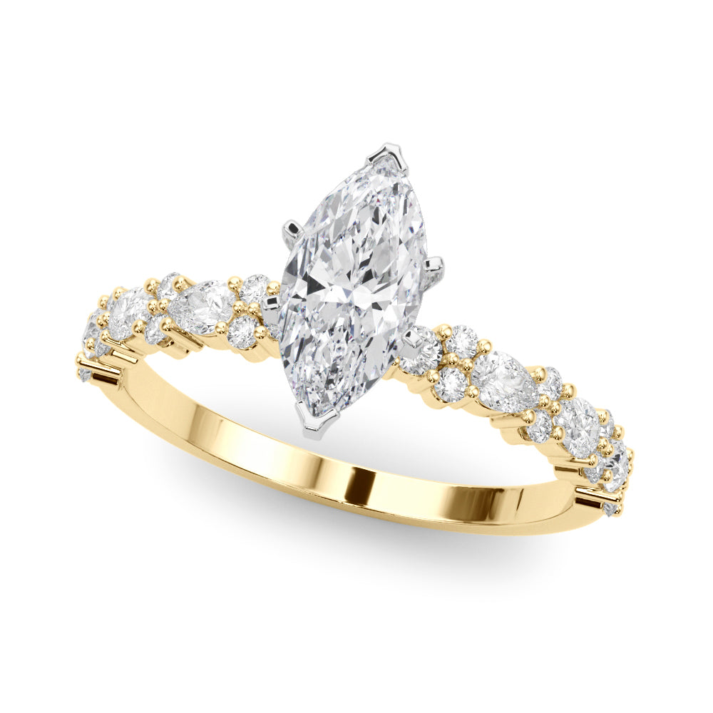 Yellow gold Marquise Solitaire with Side Stones, Pave Band, Four-Prong Setting