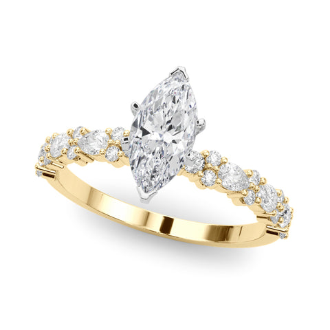 Yellow gold Marquise Solitaire with Side Stones, Pave Band, Four-Prong Setting