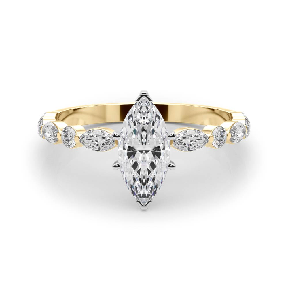 Yellow gold Marquise Solitaire with Side Stones on a Pavé Band and Four-Prong Setting 1