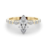 10K Yellow Gold 4.03 Carat E VVS2 Marquise Solitaire with Side Stones on a Pavé Band and Four-Prong Setting
