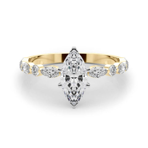 Yellow gold Marquise Solitaire with Side Stones on a Pavé Band and Four-Prong Setting 1
