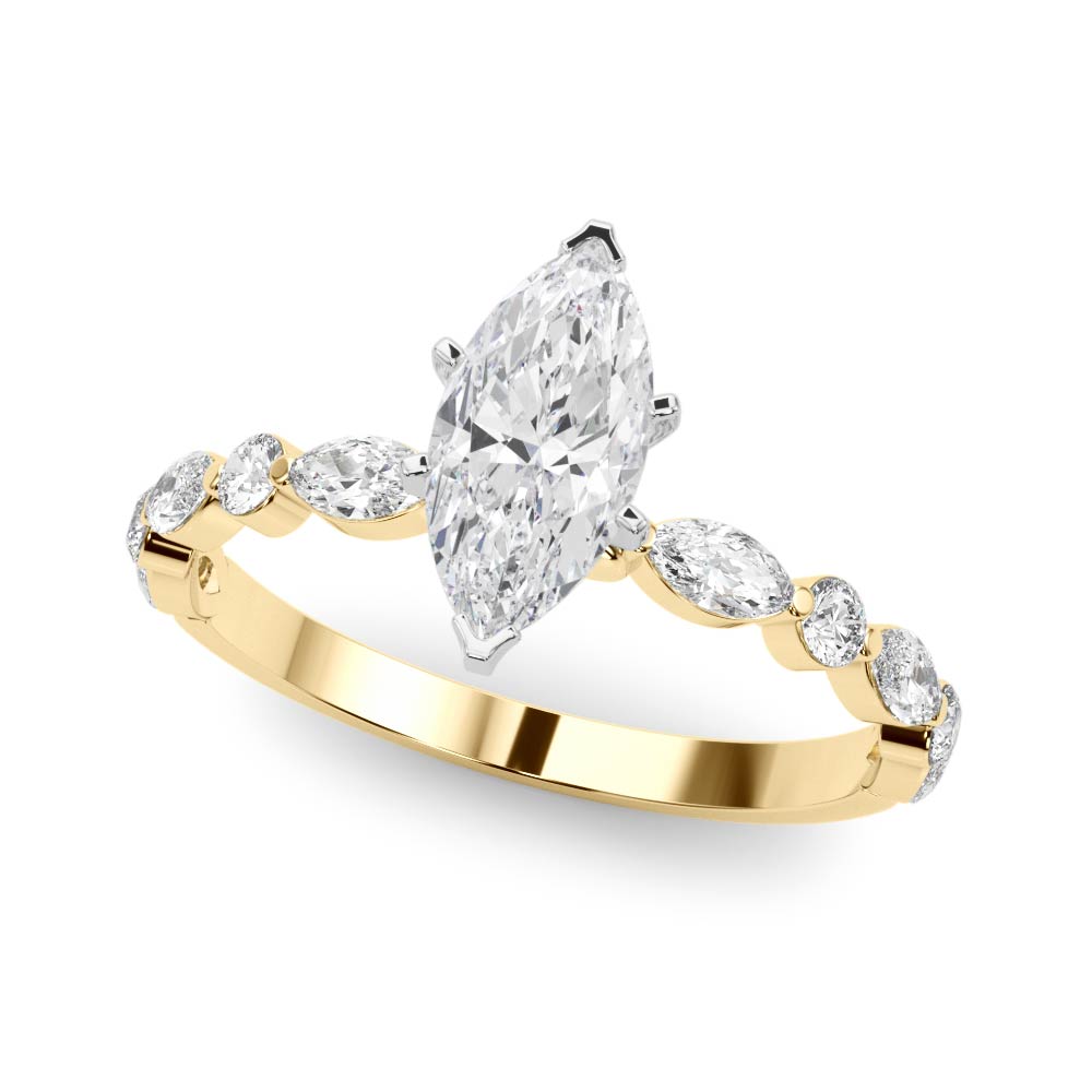 Yellow gold Marquise Solitaire with Side Stones on a Pavé Band and Four-Prong Setting