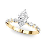 10K Yellow Gold 4.03 Carat E VVS2 Marquise Solitaire with Side Stones on a Pavé Band and Four-Prong Setting