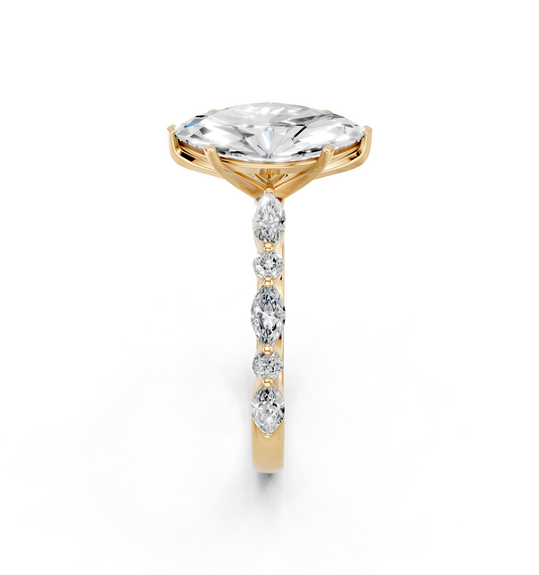 10K Yellow Gold 4.03 Carat E VVS2 Marquise Solitaire with Side Stones on a Pavé Band and Four-Prong Setting
