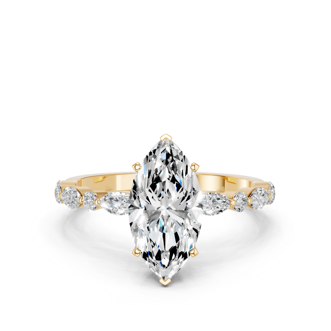 10K Yellow Gold 4.03 Carat E VVS2 Marquise Solitaire with Side Stones on a Pavé Band and Four-Prong Setting