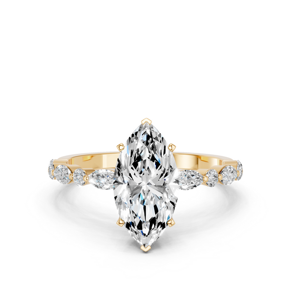10K Yellow Gold 4.03 Carat E VVS2 Marquise Solitaire with Side Stones on a Pavé Band and Four-Prong Setting