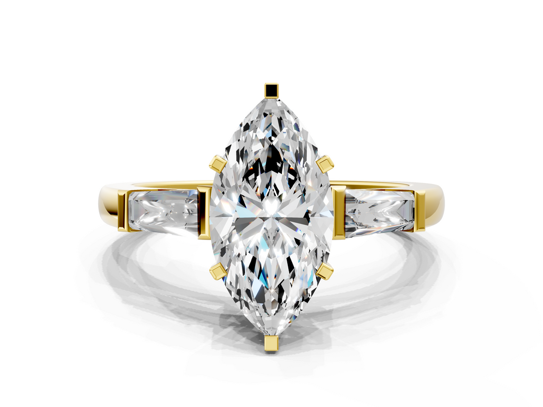 Yellow gold Marquise Solitaire with Tapered Baguette Side Stones on a Classic Band with Four-Prong Setting_131