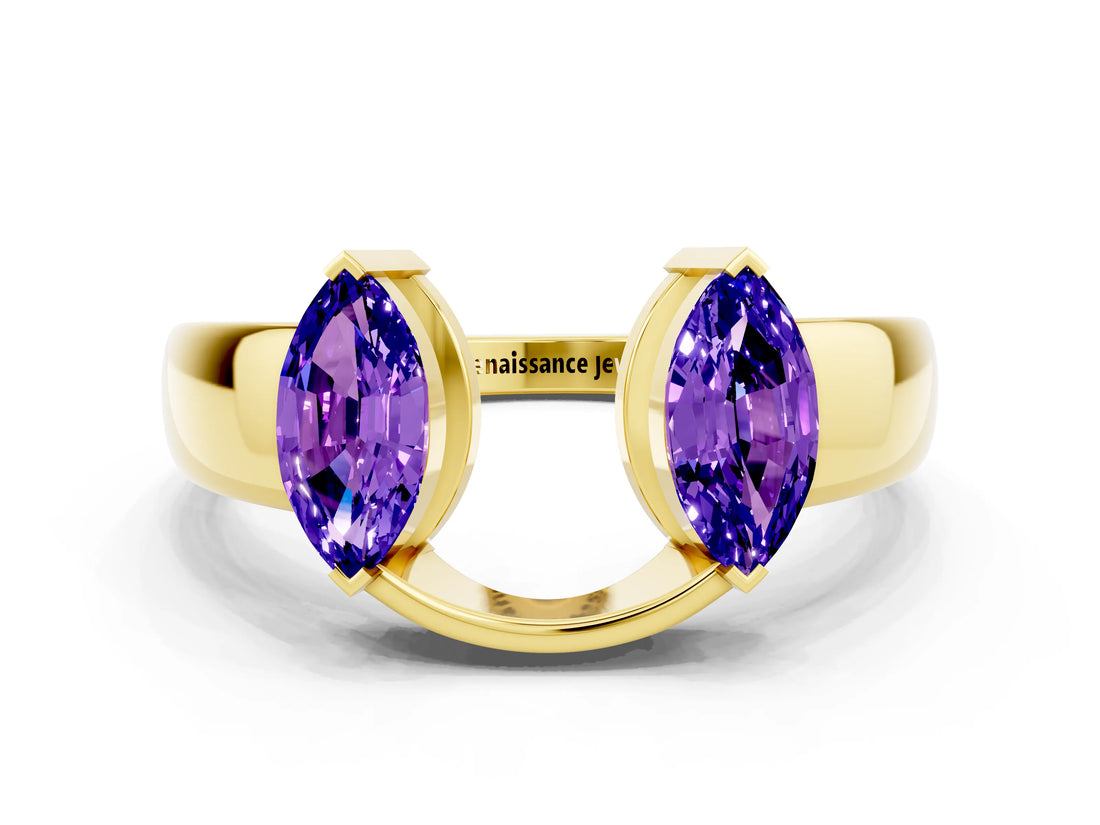 Yellow gold Marquise Tanzanite Open Band Ring with Tension Setting_18