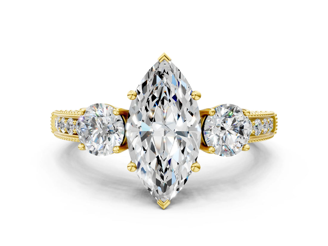 Yellow gold Marquise Three-Stone Diamond Ring with Pavé Band and Four-Prong Setting_6