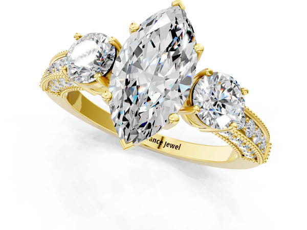 Yellow Gold Marquise Graduated Three Stone Engagement Ring Setting