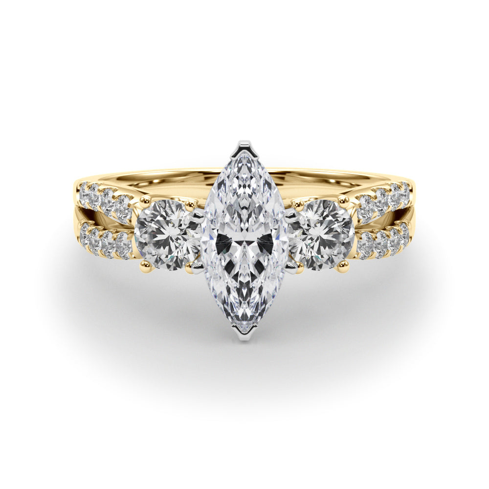 Yellow gold Marquise Three-Stone Diamond Ring with Pavé Split Shank and Four-Prong Setting 1