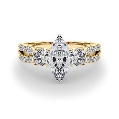 Yellow gold Marquise Three-Stone Diamond Ring with Pavé Split Shank and Four-Prong Setting 1