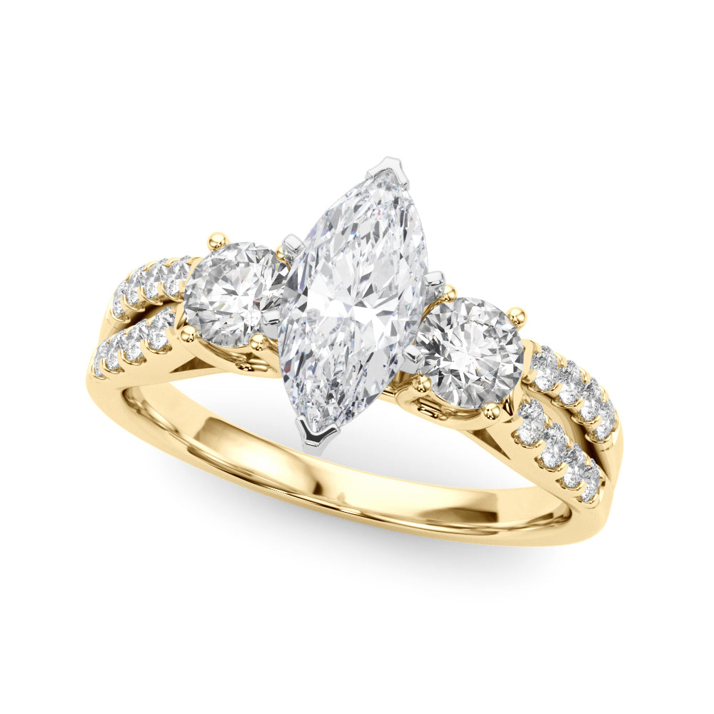 Yellow gold Marquise Three-Stone Diamond Ring with Pavé Split Shank and Four-Prong Setting