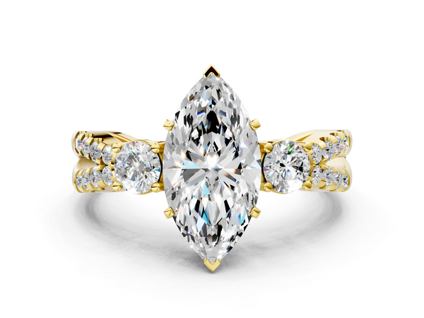 Yellow gold Marquise Cut Diamond Three-Stone Ring with Pavé Split Shank and Four-Prong Setting